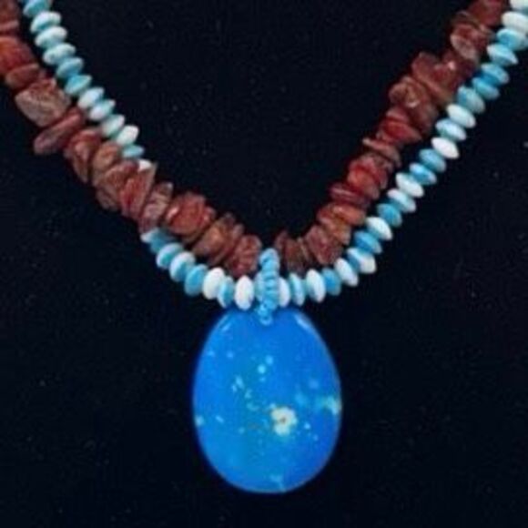 Vintage Hawaiian Vacation Necklace Women's Blue Red Double Strand Beaded Chips - Picture 3 of 6